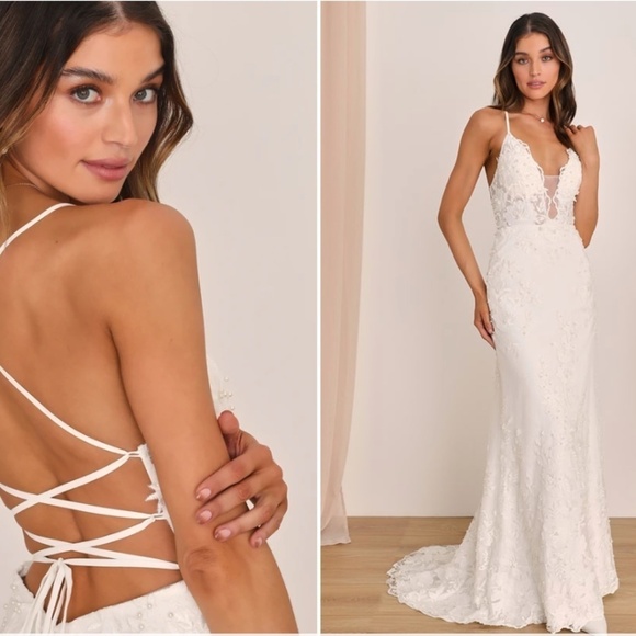 LULUS Bridal Elegant Sophisticated Sexy Floral Pearl Tieback Mermaid Gown - Picture 3 of 6